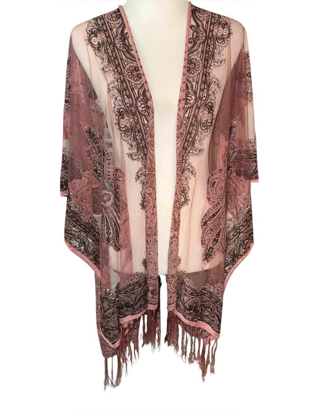 David & Young Kimono Pink Sheer One Size Open Front Embroidered Fringe Boho